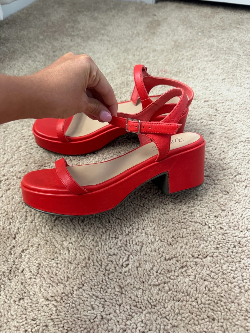 Seychelles Rest Assured Red Leather Strappy Open Toe Platform Block Heels US 7